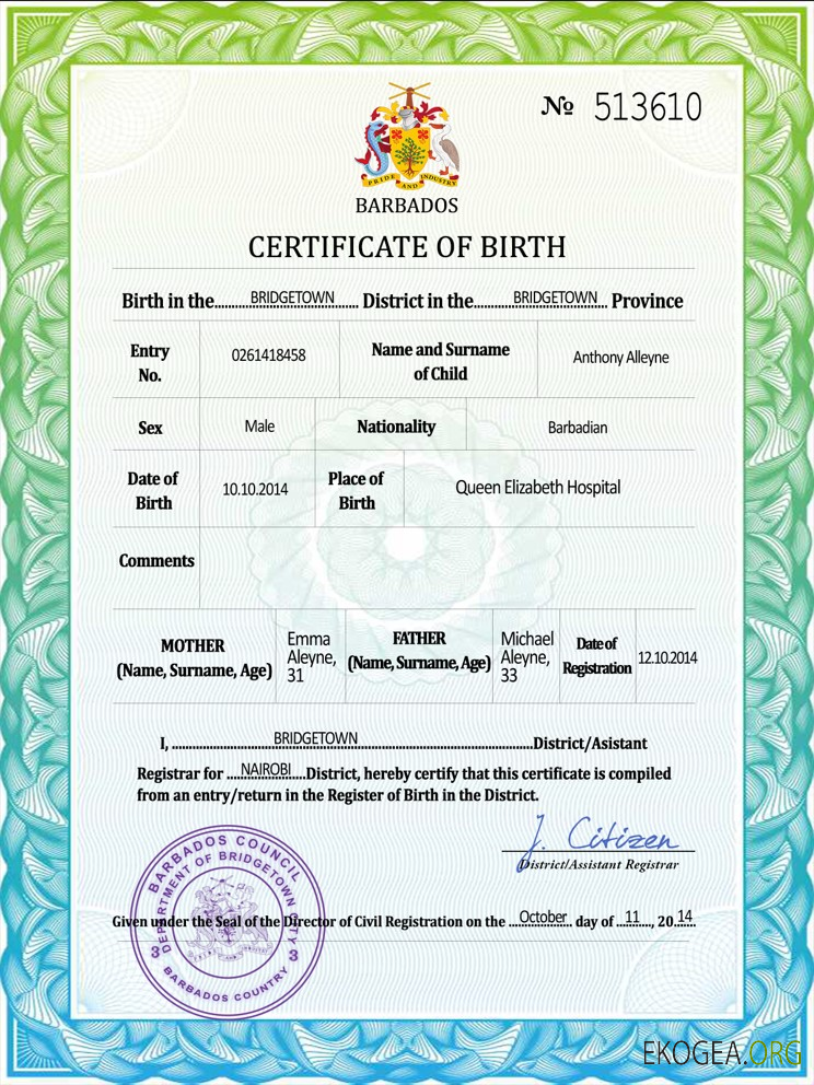 Modèle PSD de certificat de naissance de l'état civil de la Barbade